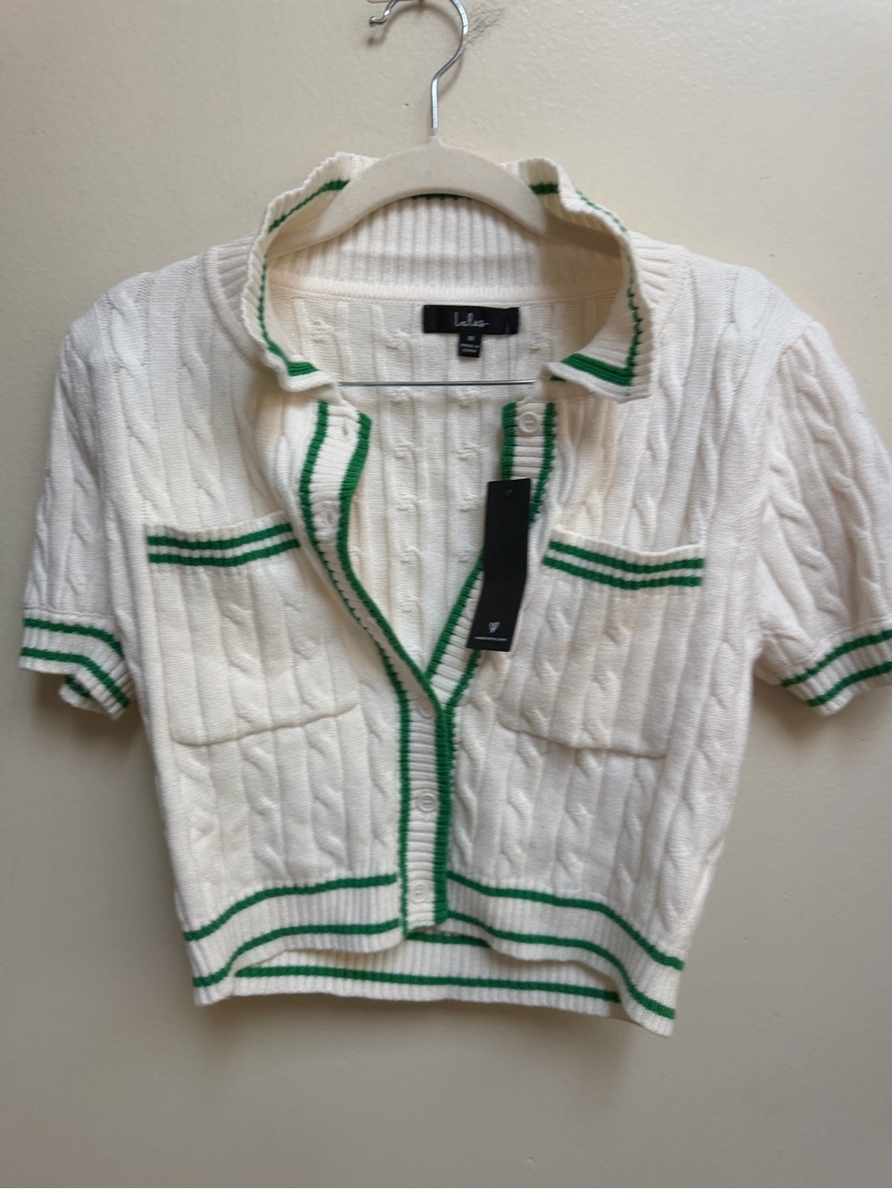 Lulu's White Cable Knit Short-Sleeve Cardigan with Green Stripe